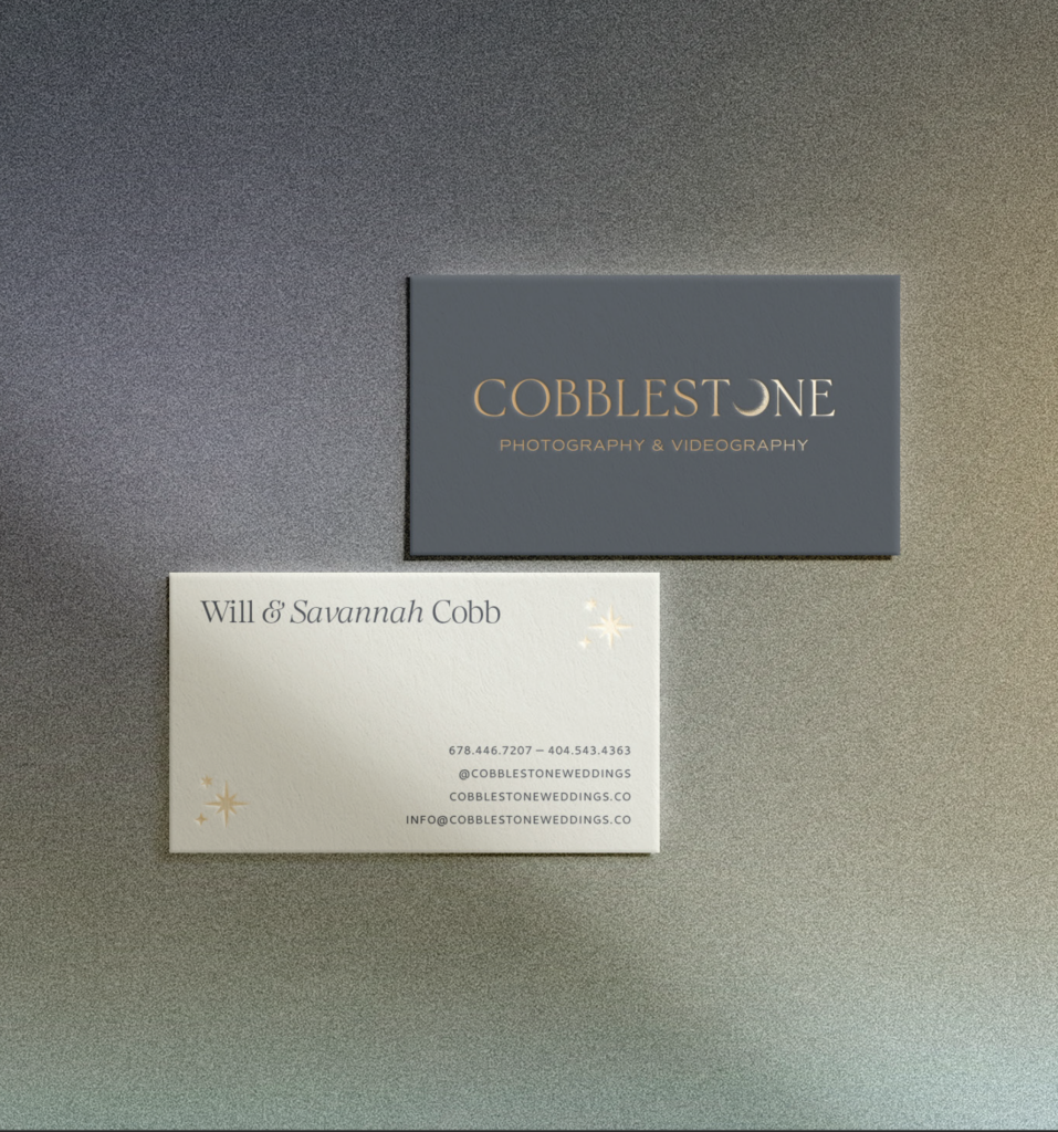 Cobblestone Weddings business card mock up serving San Luis Obispo, California and Newnan, Georgia.